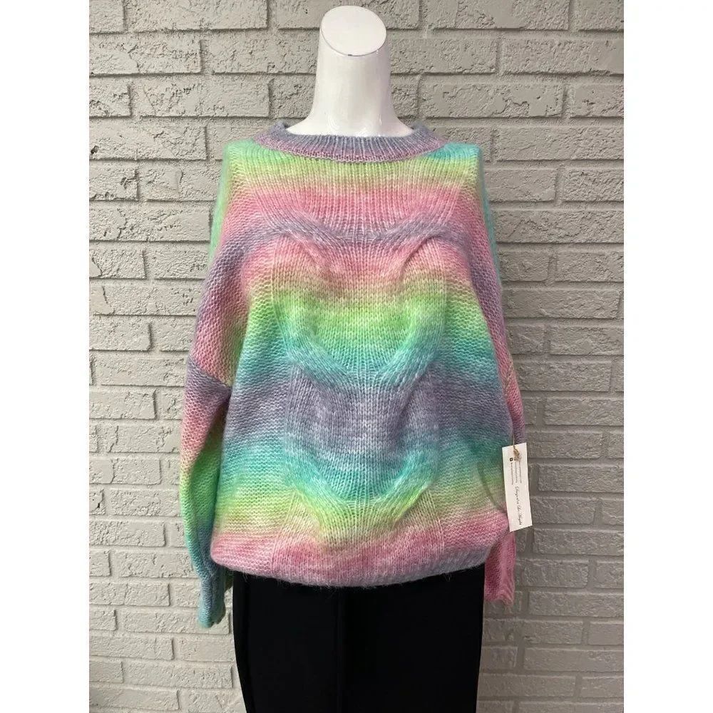 Woven Heart Oversized Rainbow Sweater Size M NWT